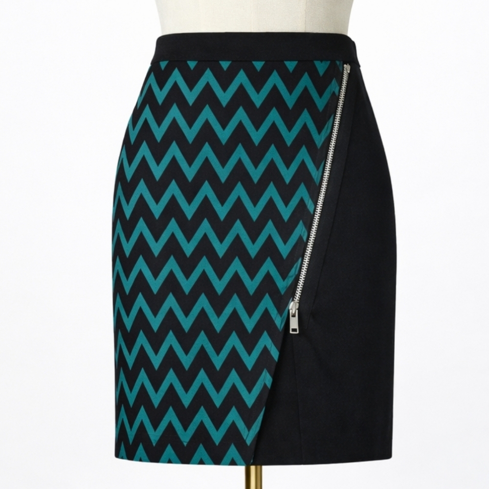 WORTHINGTON Black Teal Zigzag Chevron Midi Pencil Skirt Size 6 Asymmetric Zip